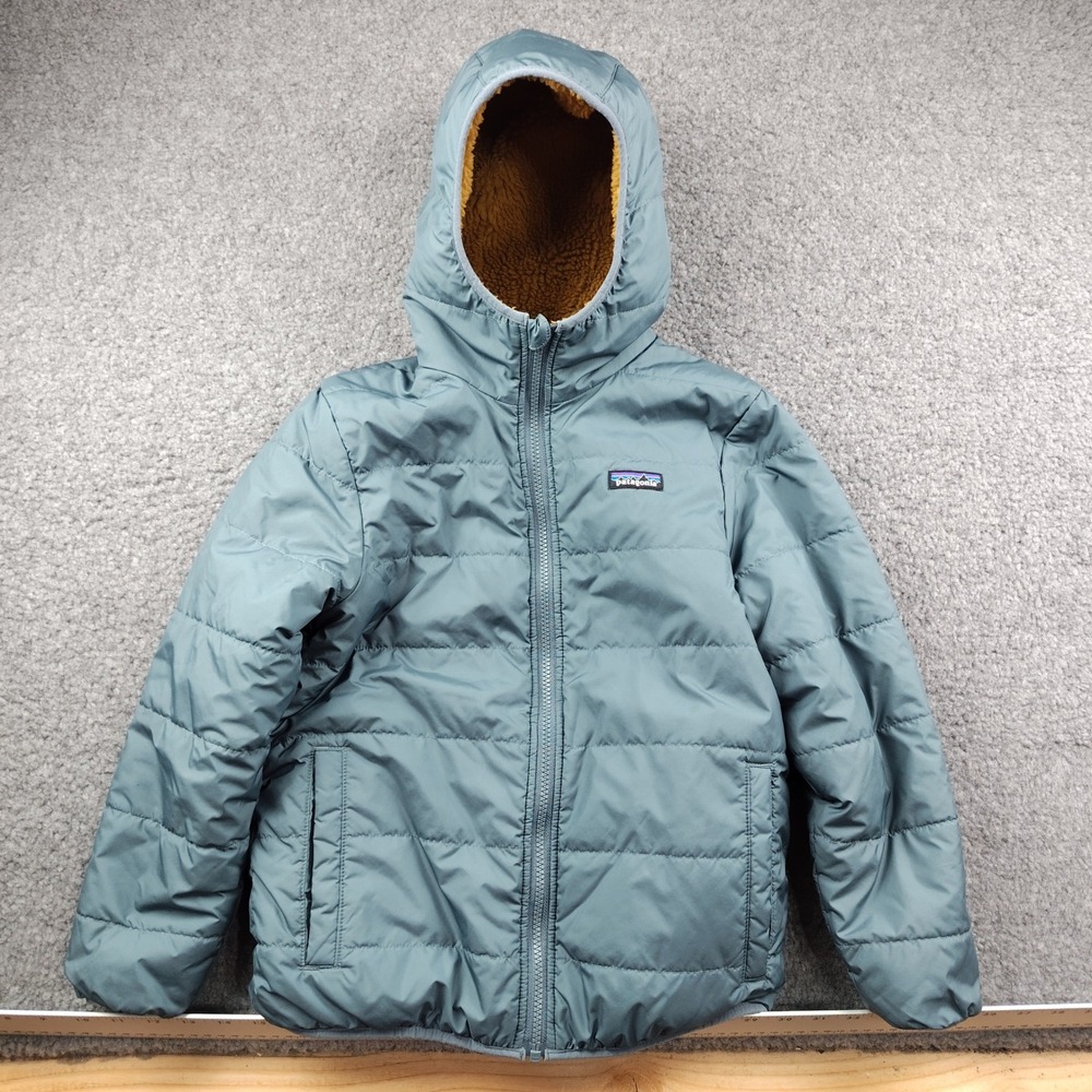 Patagonia Reversible Ready Set Hoody Blue Mustard Sherpa Jacket Boys 10